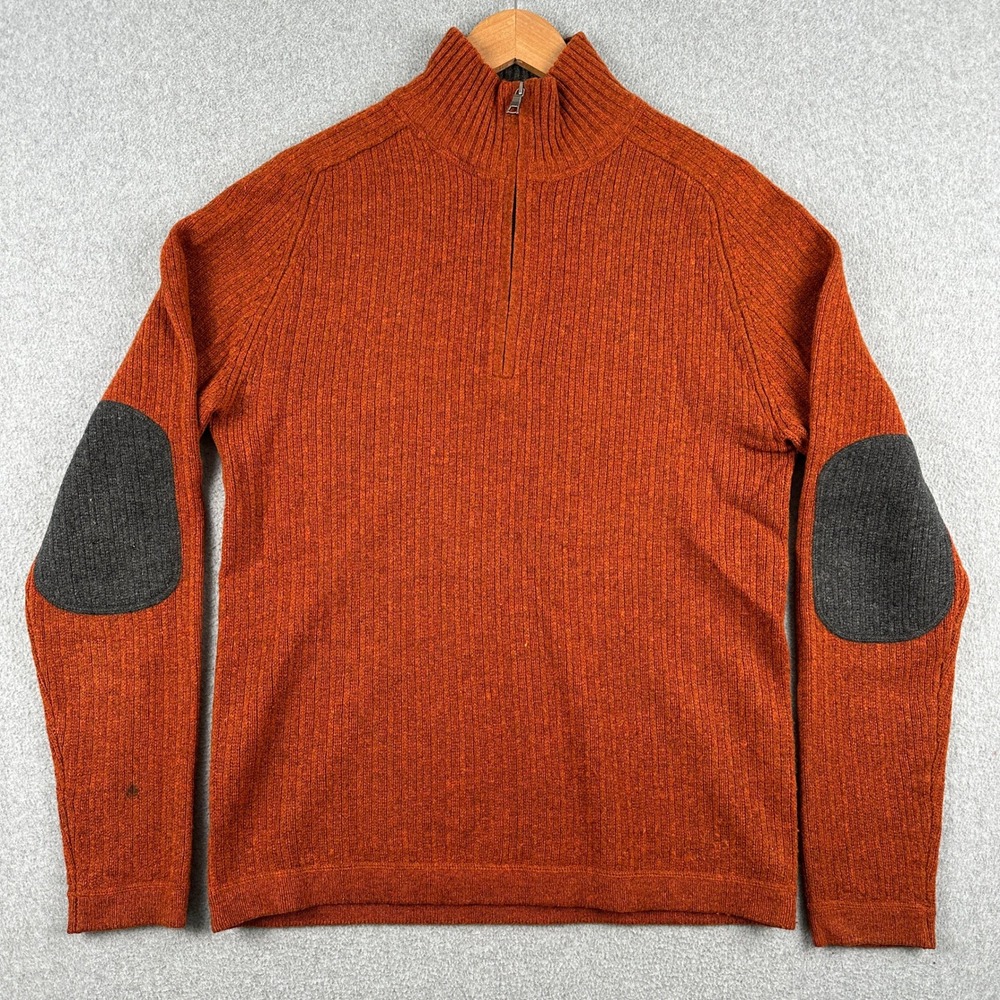 Banana Republic Sweater Mens M Orange Lambswool Cashmere 1/4 Zip Elbow Patches